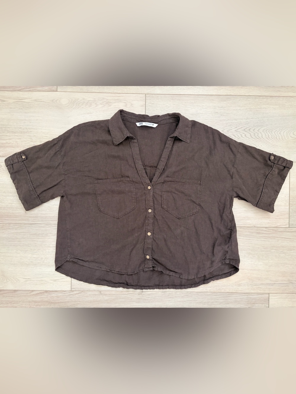 Zara Brown Short-Sleeve Button-Down Top